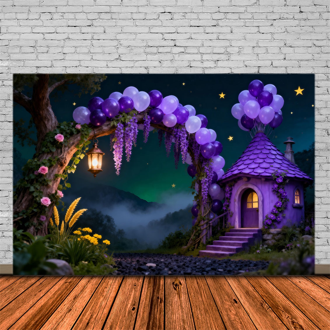Enchanted Forest Balloon Backdrop Purple Cottage Arch Starry Night Forest Backdrop RR63-134