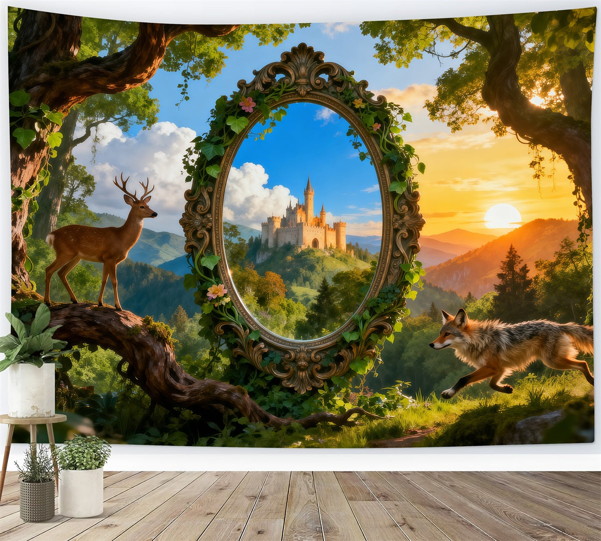 Fantasy Forest Backdrop Magic Mirror Castle Deer Fox Fairy Tale Forest Backdrop RR63-135