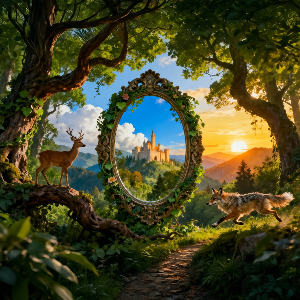 Fantasy Forest Backdrop Magic Mirror Castle Deer Fox Fairy Tale Forest Backdrop RR63-135