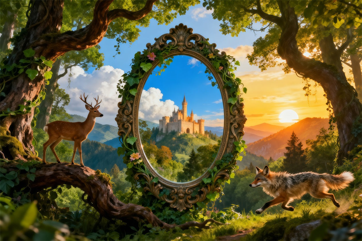 Fantasy Forest Backdrop Magic Mirror Castle Deer Fox Fairy Tale Forest Backdrop RR63-135