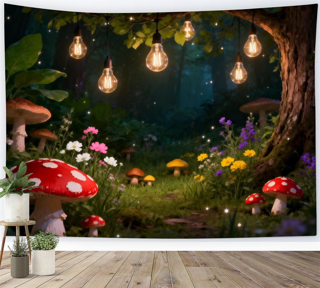 Forest Photography Backdrop Glowing Bulb Mushroom Fairy Photography Backdrop Forest RR63-136