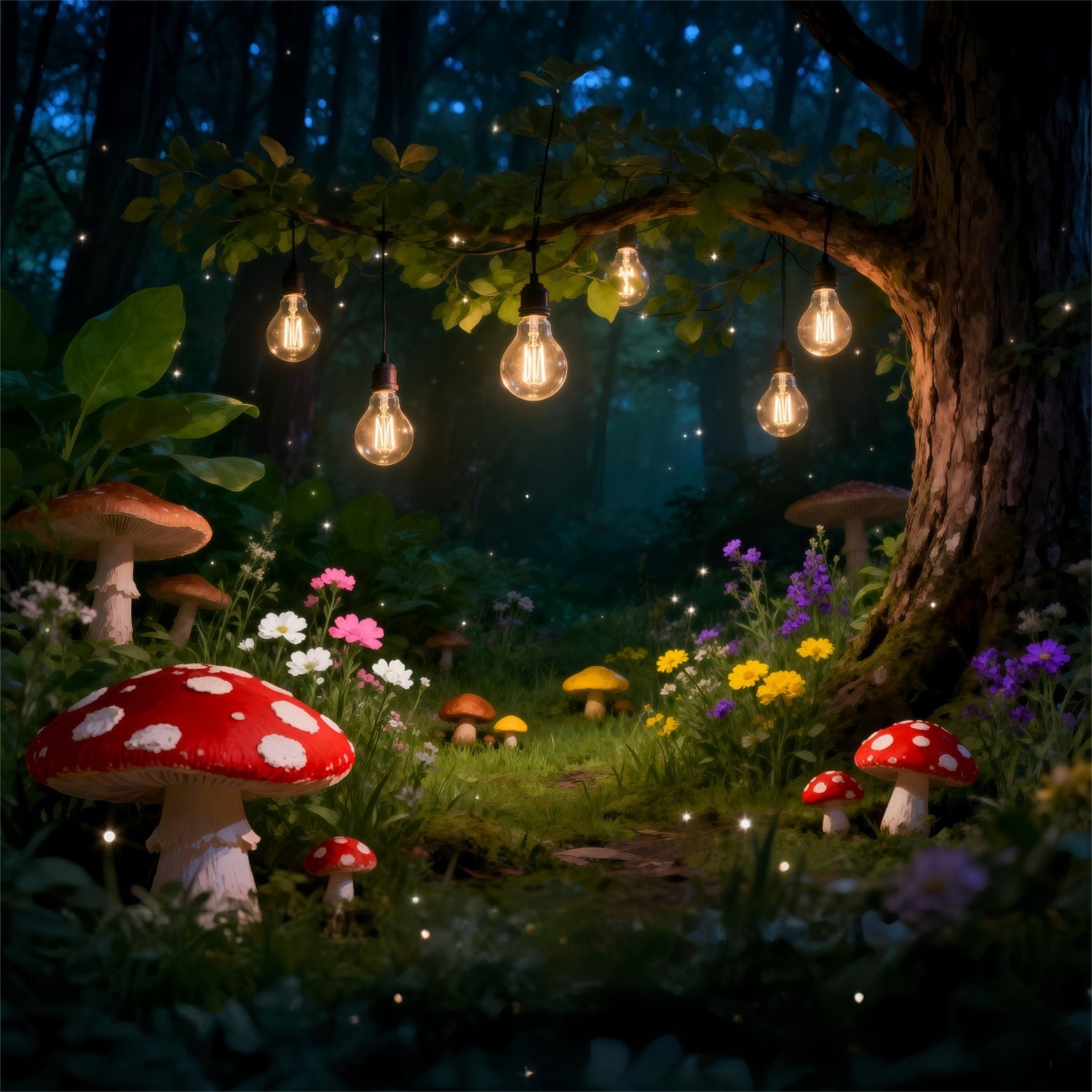 Forest Photography Backdrop Glowing Bulb Mushroom Fairy Photography Backdrop Forest RR63-136