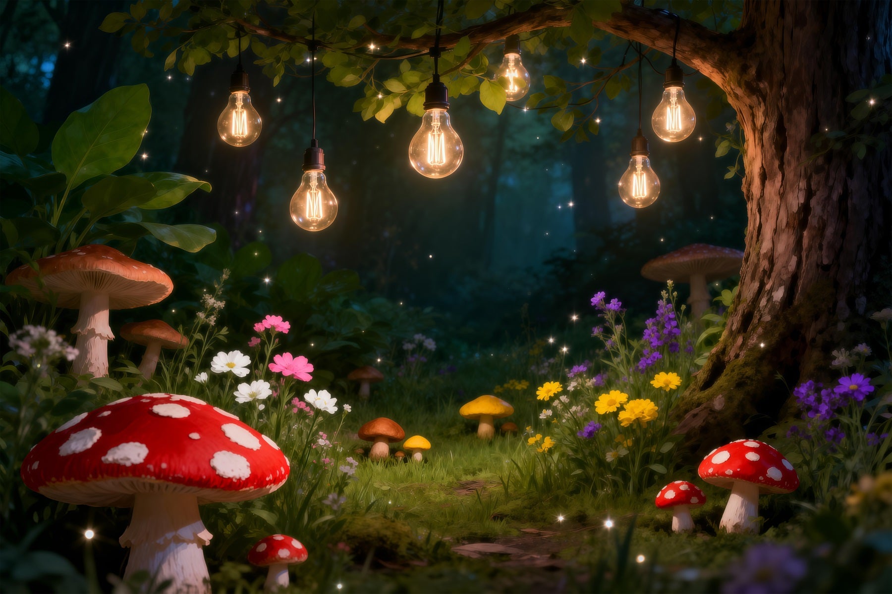 Forest Photography Backdrop Glowing Bulb Mushroom Fairy Photography Backdrop Forest RR63-136