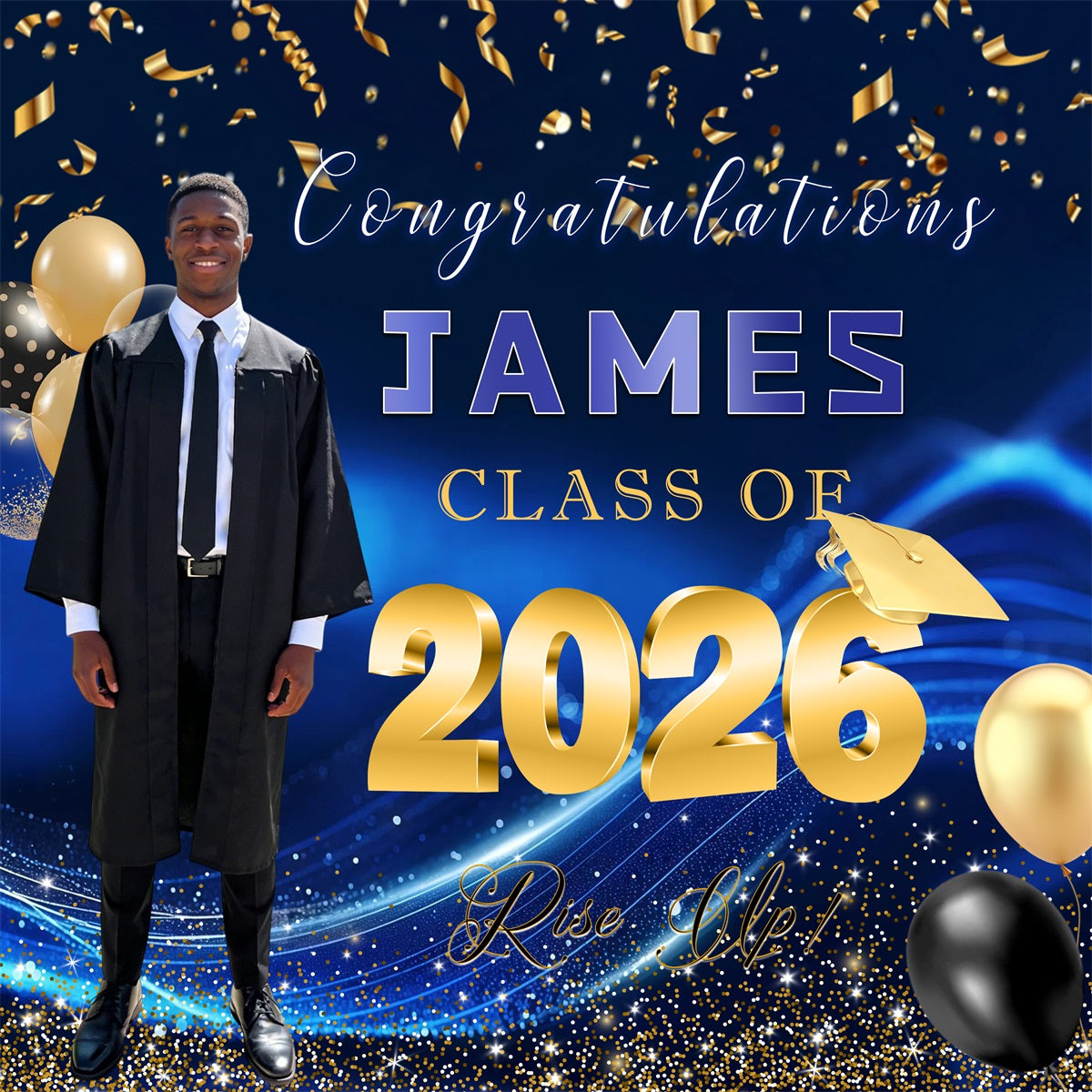 Class Of 2026 Graduation Backdrop Blue Gold Confetti Balloon Custom Graduation Backdrop RR63-14