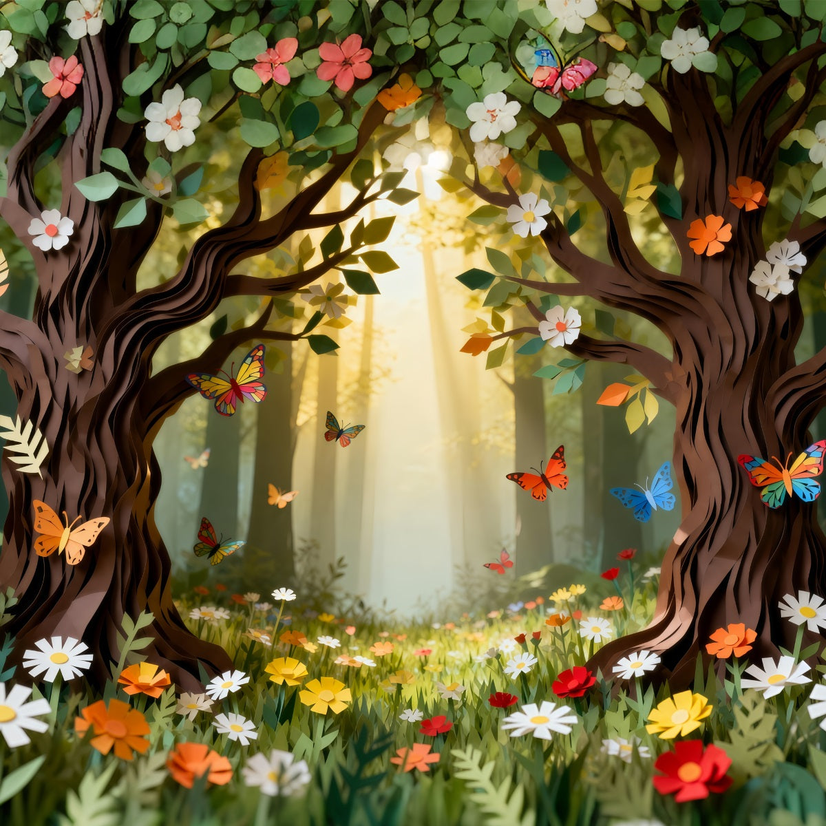 Forest Backdrop Cartoon Paper Cut Floral Butterfly Woodland Fairytale Forest Backdrop RR63-143