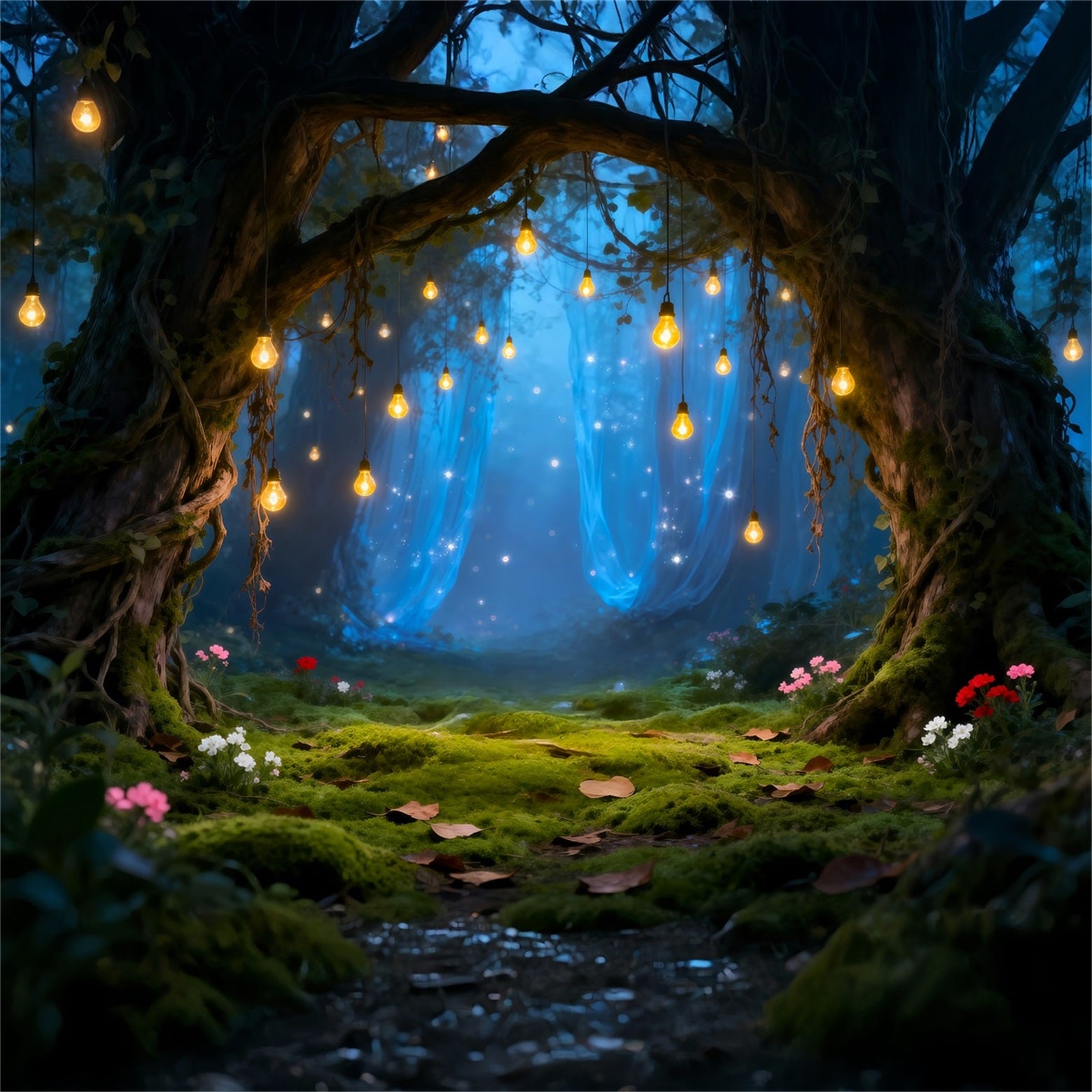 Rain Forest Backdrop Hanging Bulb Magical Mossy Clearing Enchanted Forest Theme Backdrop RR63-147