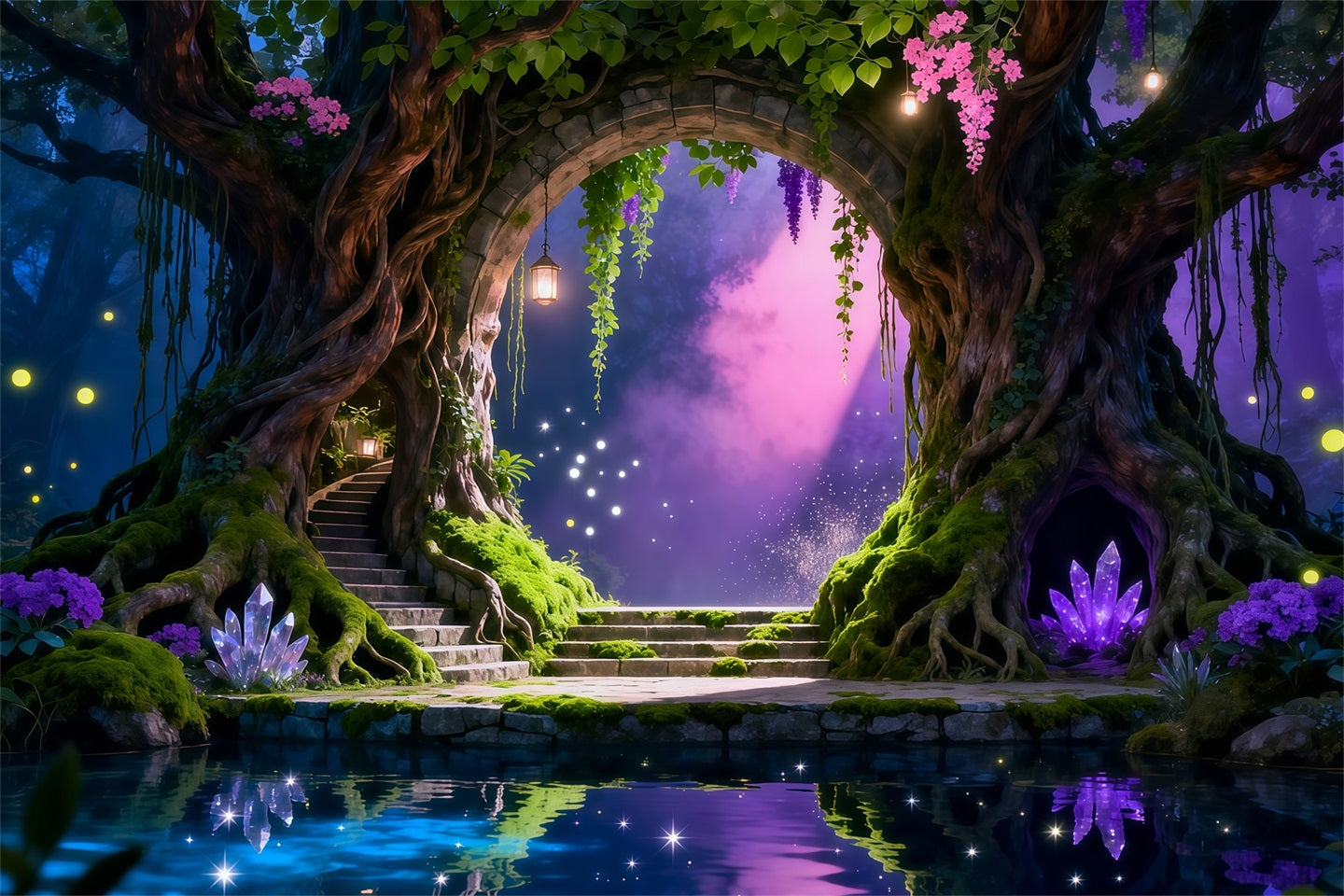 Forest Theme Backdrop Enchanted Tree Arch Crystal Reflection Pool Forest Scene Backdrop RR63-149