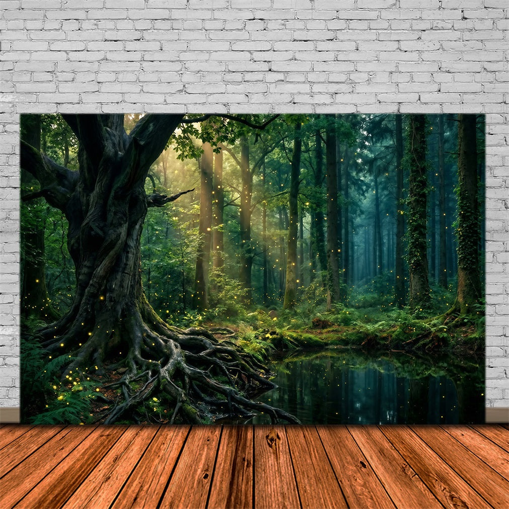 Rainforest Backdrops Sunlit Trees Pond Firefly Glow Roots Photo Backdrop Forest RR63-151