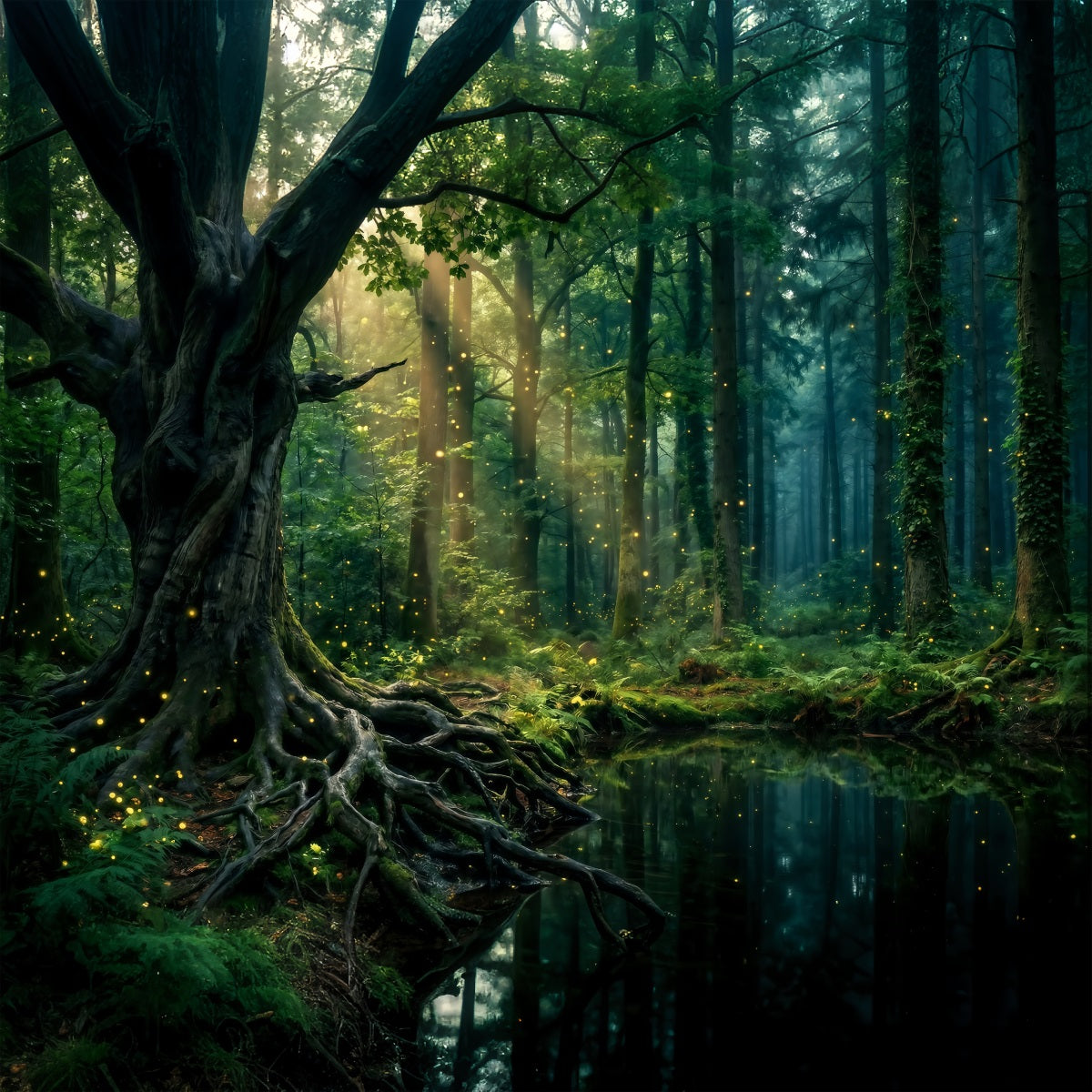 Rainforest Backdrops Sunlit Trees Pond Firefly Glow Roots Photo Backdrop Forest RR63-151
