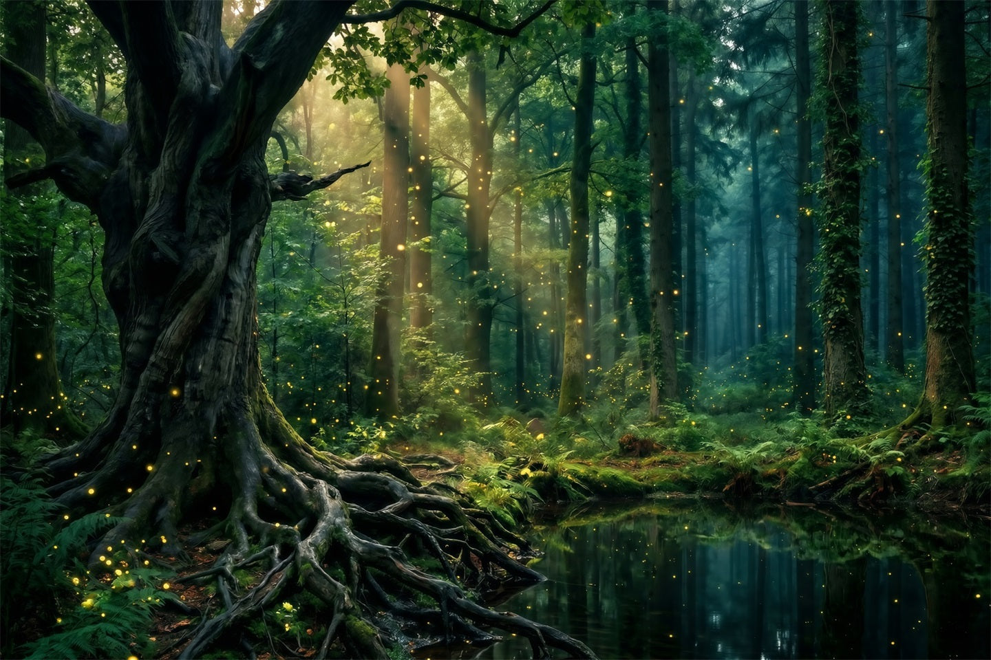 Rainforest Backdrops Sunlit Trees Pond Firefly Glow Roots Photo Backdrop Forest RR63-151