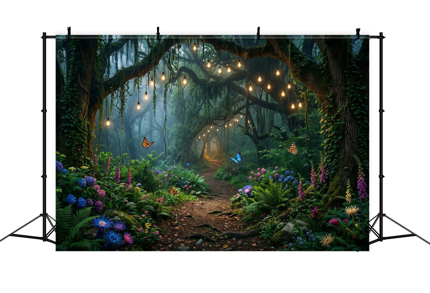 Photography Backdrop Forest Hanging Bulb Woodland Floral Pathway Fantasy Forest Backdrop RR63-152