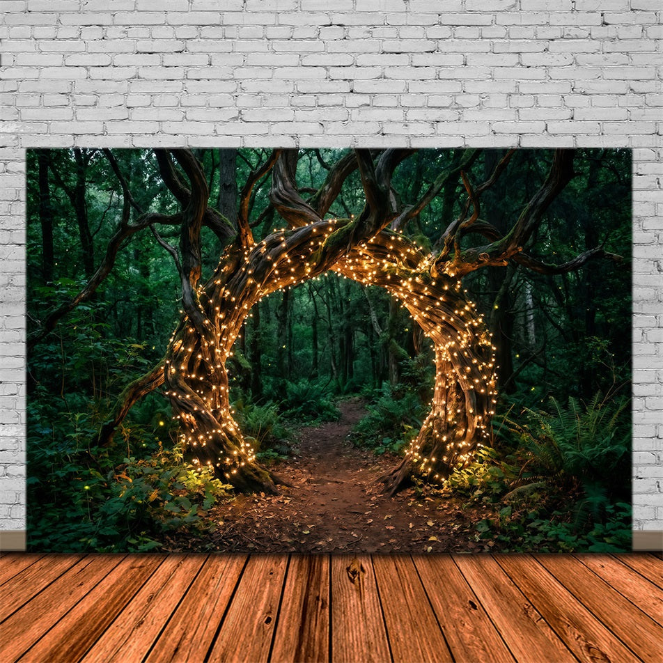 Backdrop Forest Theme Twisted Tree Arch Golden Fairy Lights Green Forest Backdrop RR63-153