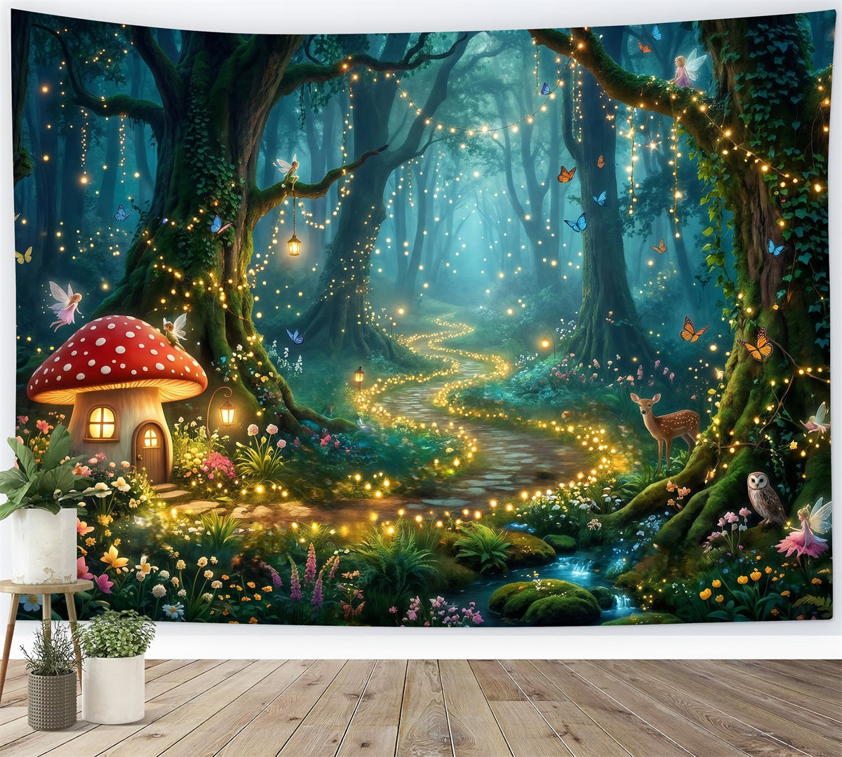 Enchanted Forest Backdrop Mushroom Cottage Glowing Pathway Forest Photo Booth Backdrop RR63-154