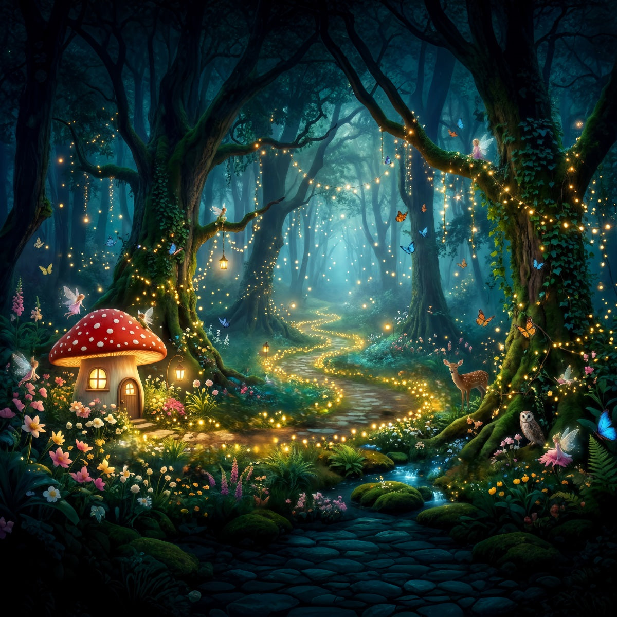Enchanted Forest Backdrop Mushroom Cottage Glowing Pathway Forest Photo Booth Backdrop RR63-154