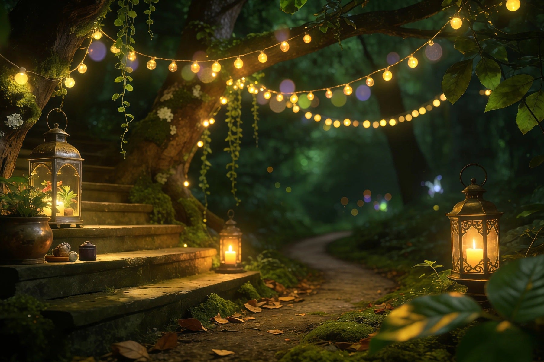 Forest Backdrops For Photography Lantern Stairway Woodland Path Enchanted Forest Backdrops RR63-156