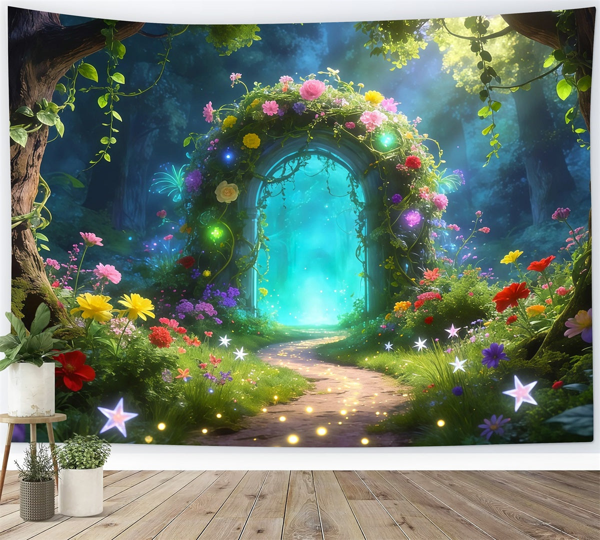Photography Forest Backdrop Enchanted Floral Arch Glowing Magic Path Forest Green Backdrop RR63-157