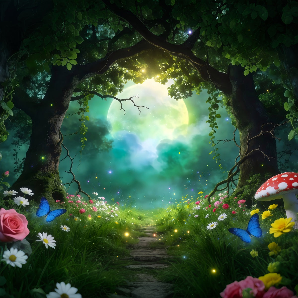 Fairy Tale Forest Backdrop Moonlit Forest Clearing Giant Moon Glow Forest Backdrop Photography RR63-159