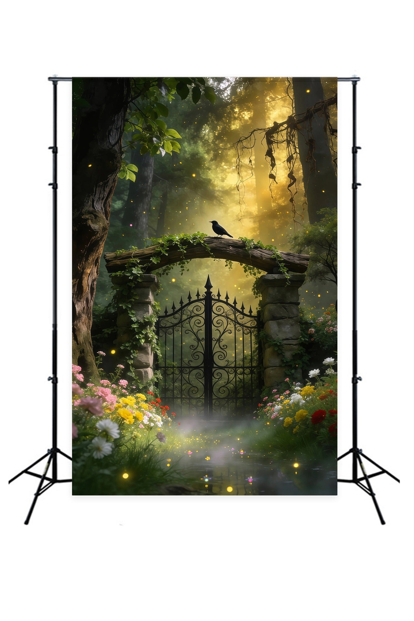 Backdrops Forest Vintage Iron Gate Bird Garden Glow Forest Photography Backdrop RR63-164