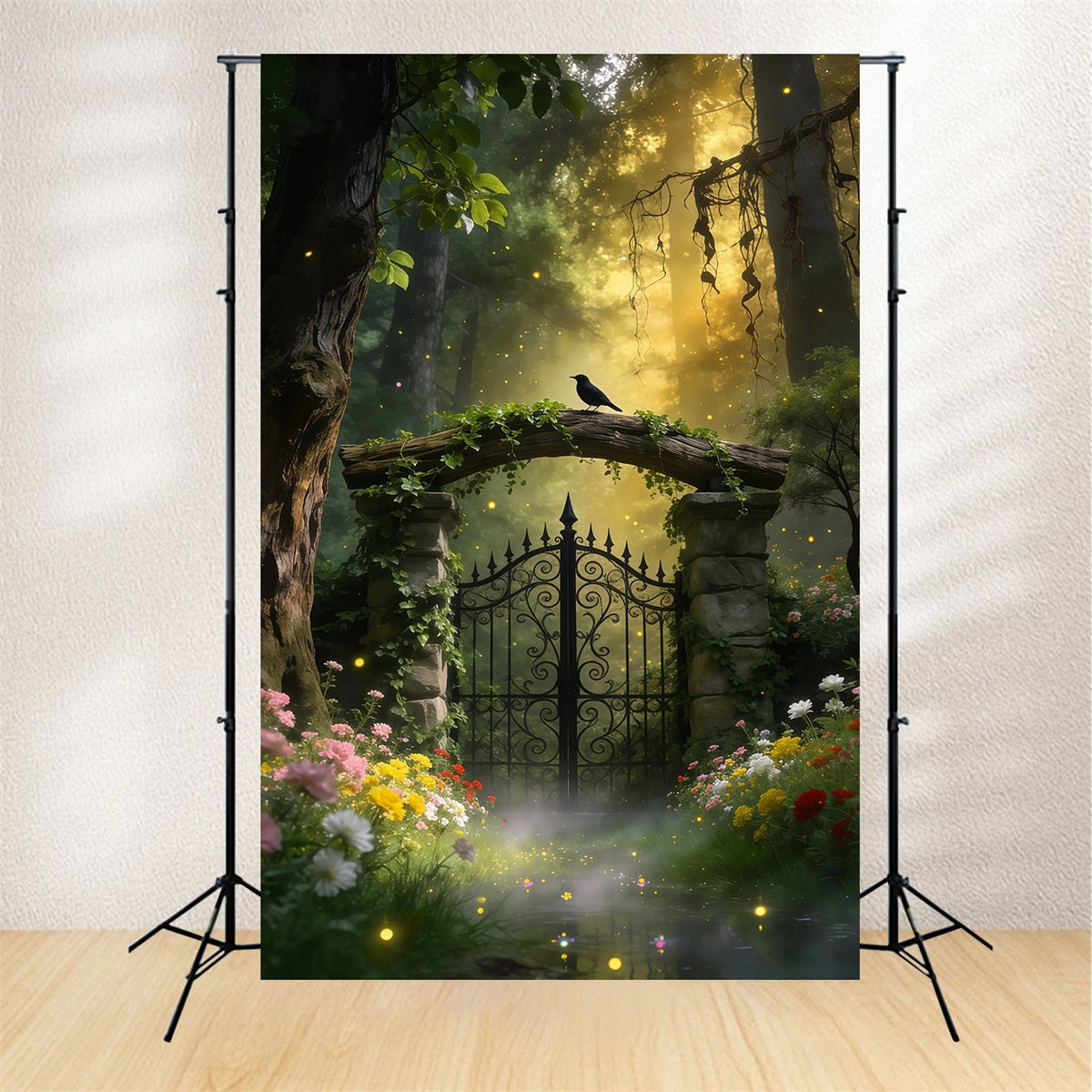 Backdrops Forest Vintage Iron Gate Bird Garden Glow Forest Photography Backdrop RR63-164
