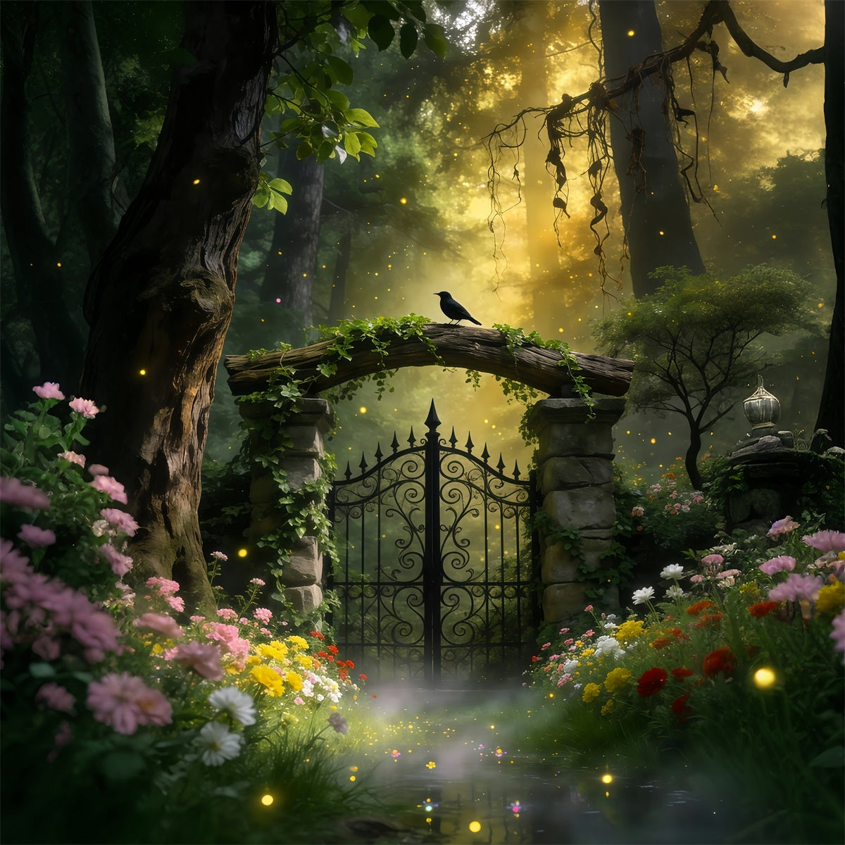 Backdrops Forest Vintage Iron Gate Bird Garden Glow Forest Photography Backdrop RR63-164
