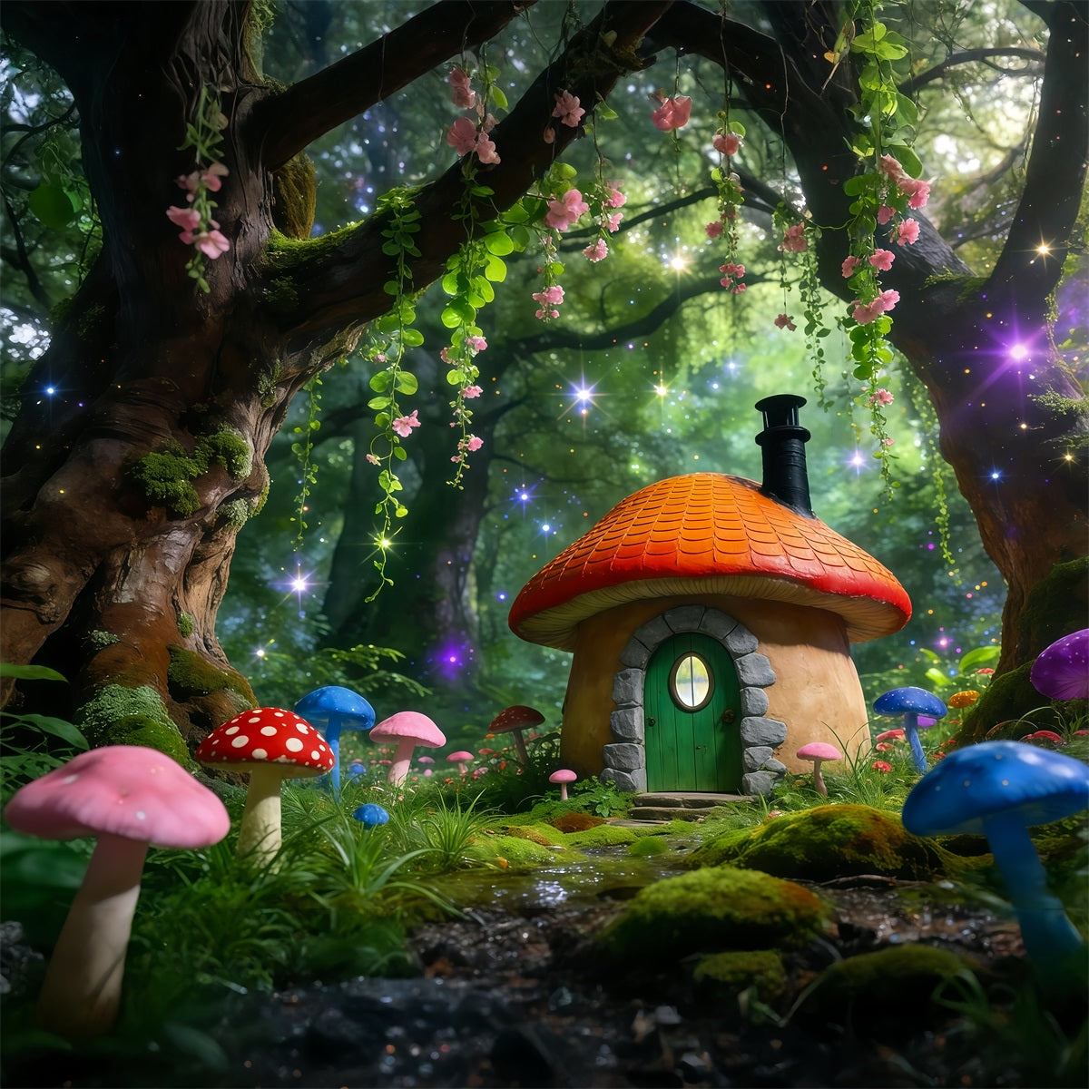 Fairy Tale Forest Backdrop Colorful Mushroom Cottage Sparkle Forest Backdrop Ideas RR63-167