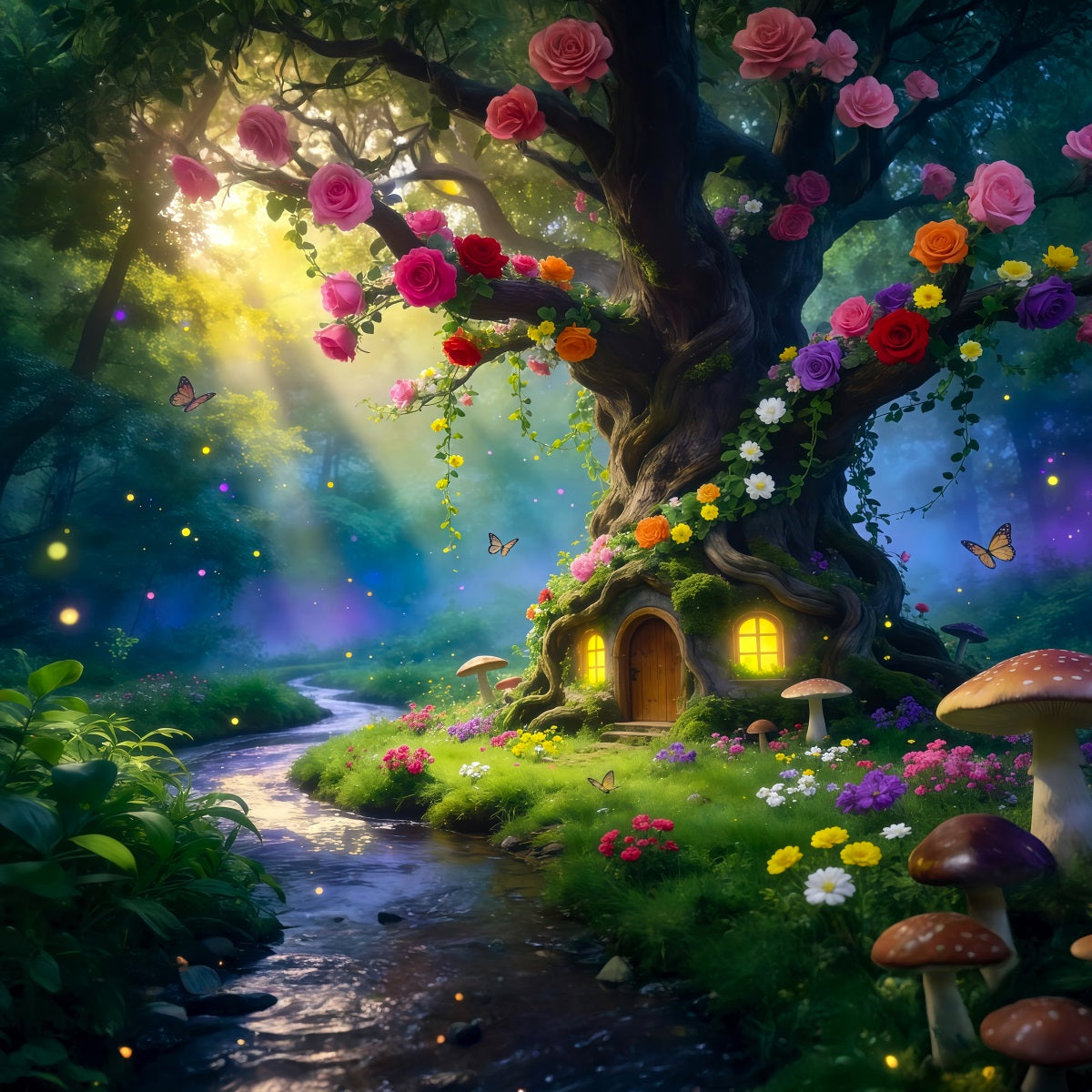 Forest Backdrop Blooming Tree Hollow Cottage Path Forest Backdrop For Photography RR63-168