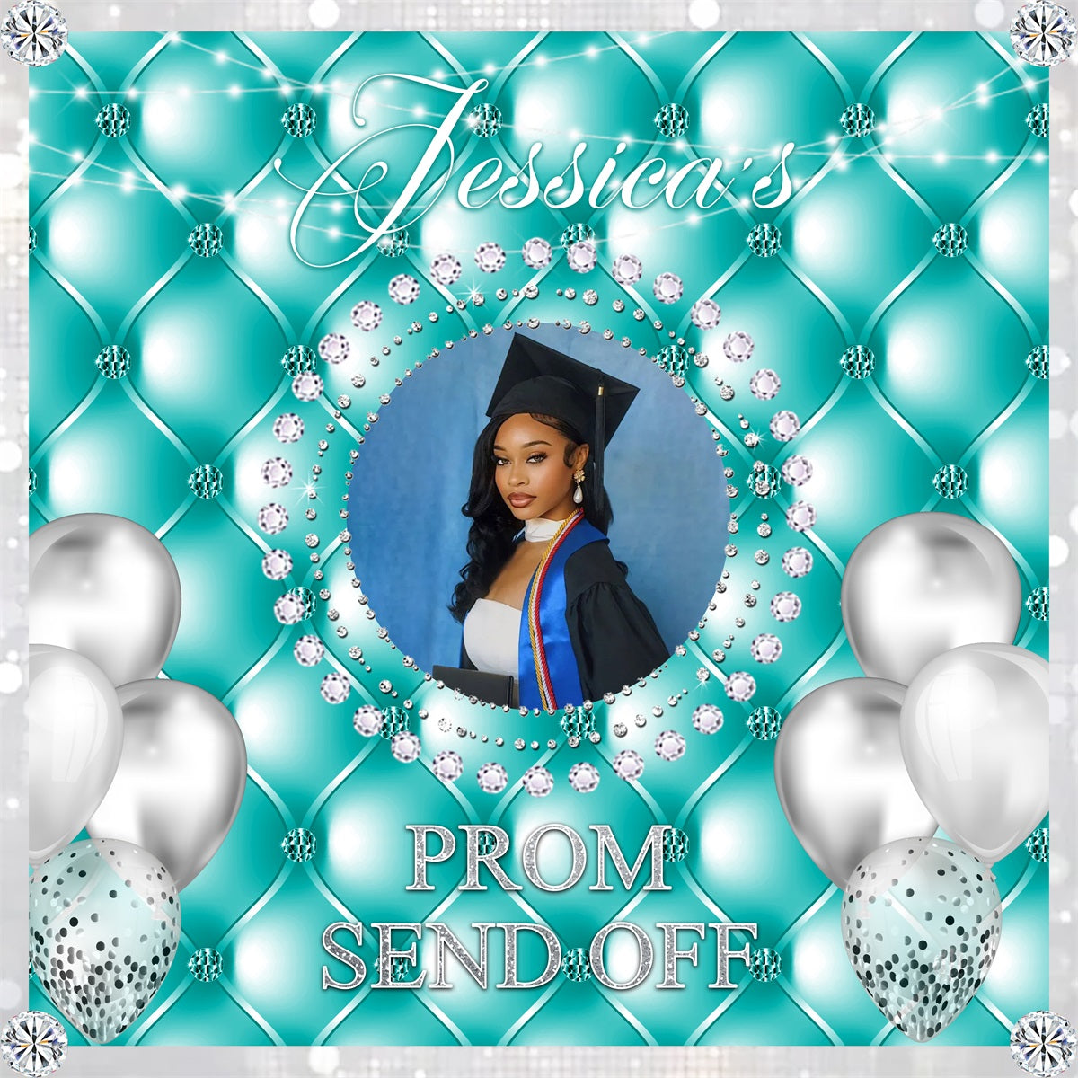 Backdrop For Prom Send Off Diamond Silver Balloons Teal Graduation Party Backdrop RR63-20