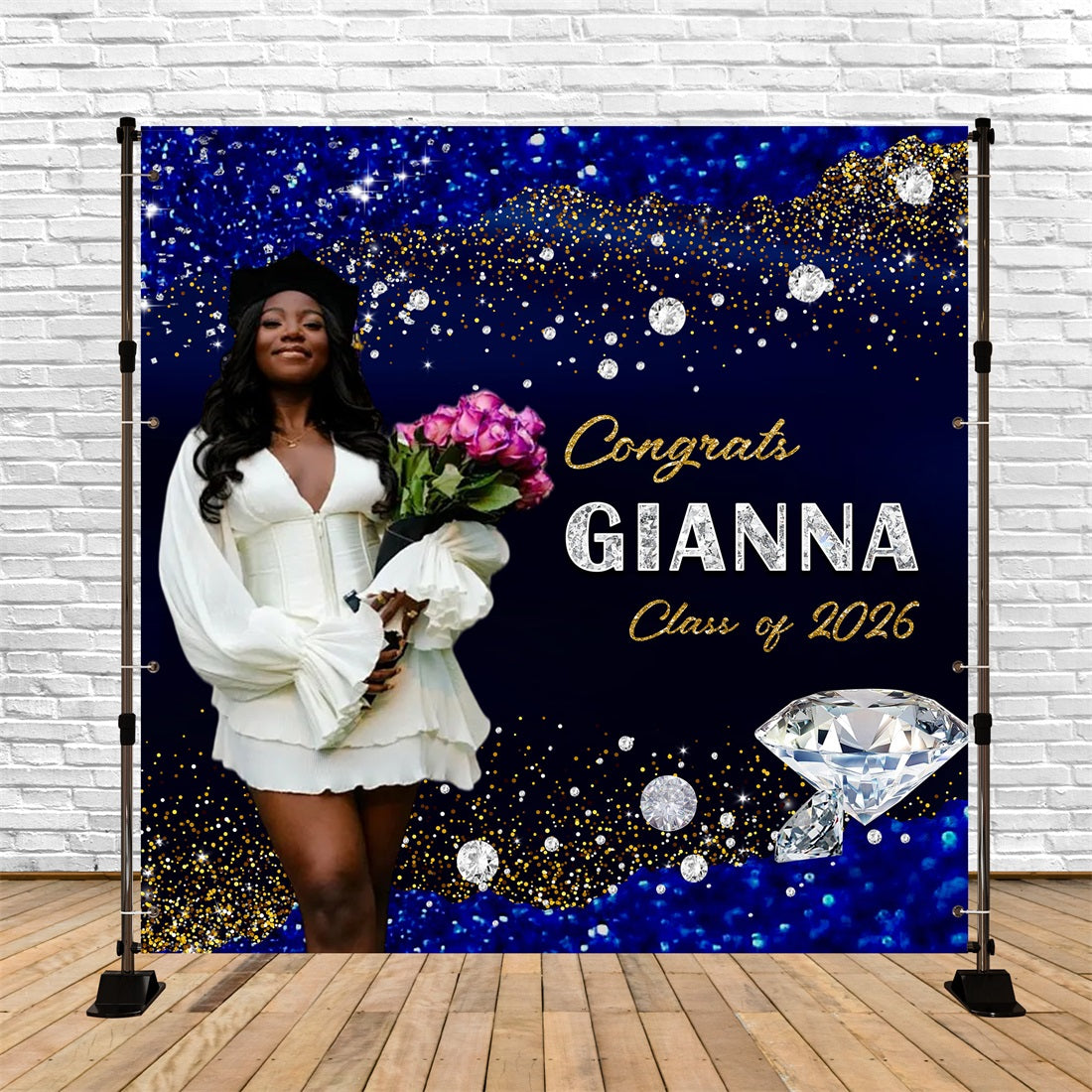 Graduation Party Backdrop Blue Gold Diamonds Sparkle Congratulations Graduation Backdrop RR63-22