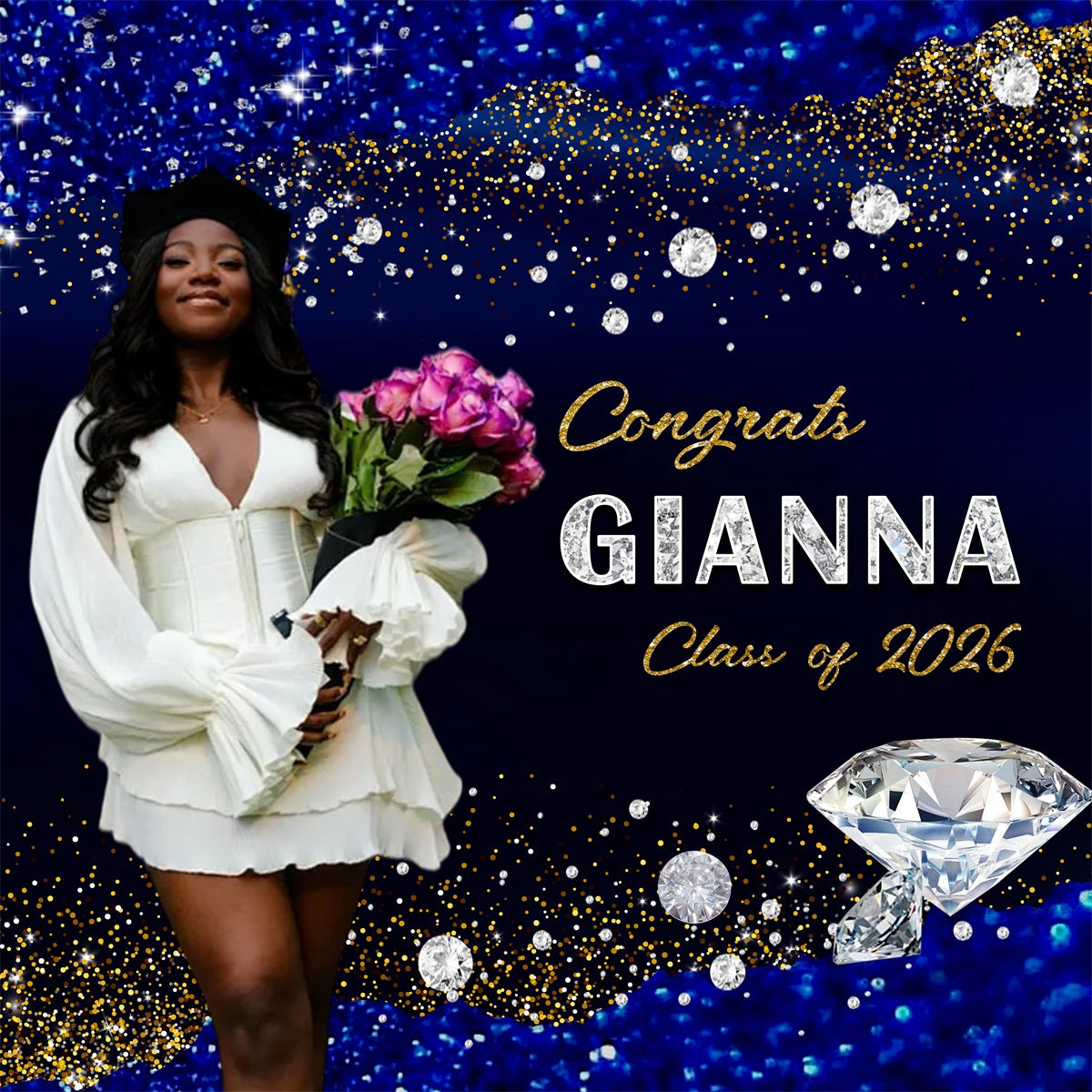 Graduation Party Backdrop Blue Gold Diamonds Sparkle Congratulations Graduation Backdrop RR63-22