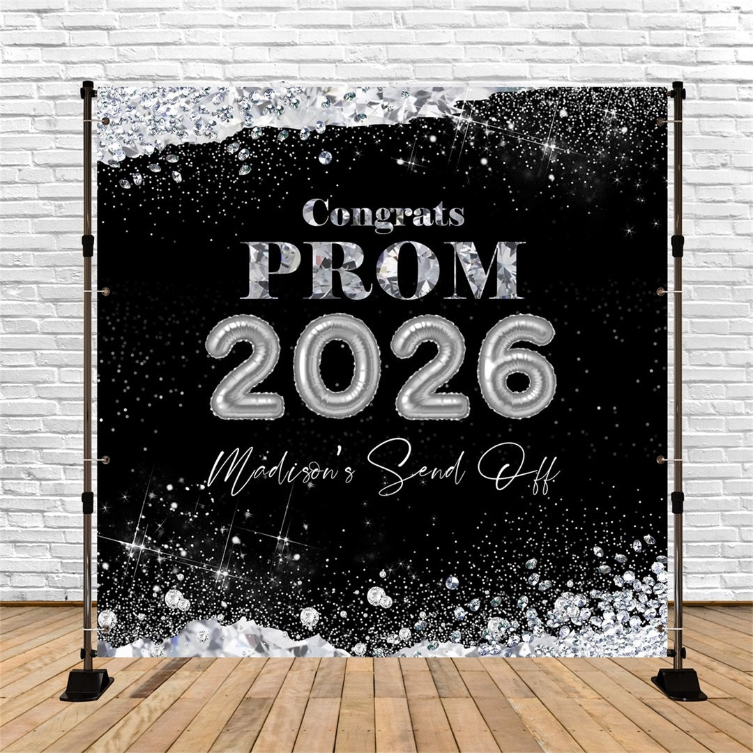 Prom Party Backdrop Black Silver Diamond Glitter Customized Graduation Backdrop RR63-23