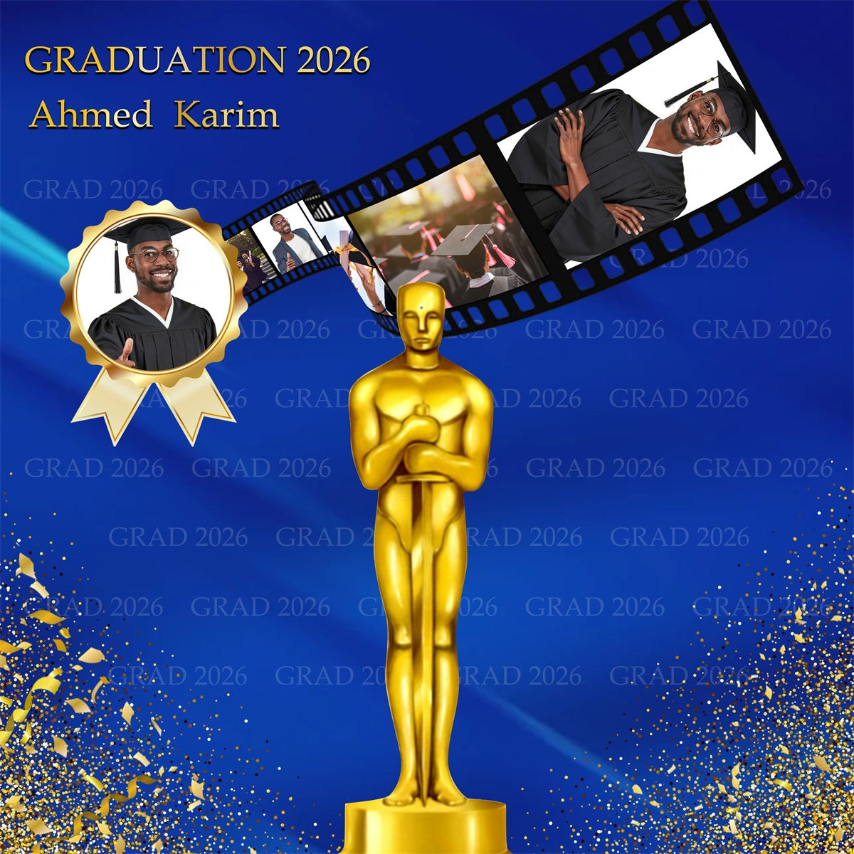 Custom Graduation Backdrop Blue Gold Trophy Filmstrip Graduation Party Backdrop RR63-24