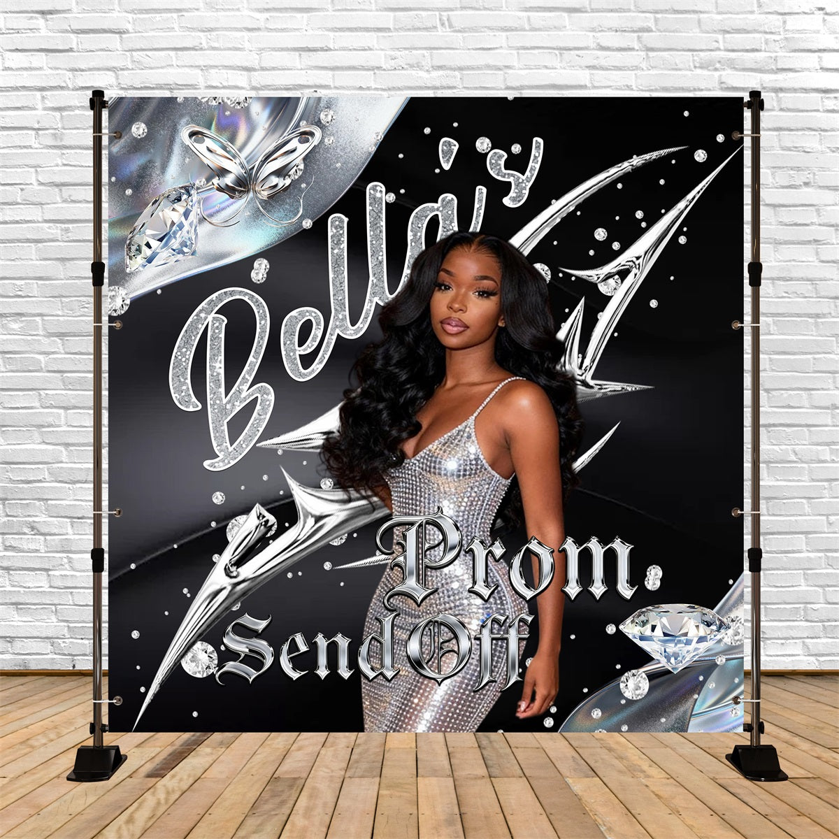 Custom Prom Send Off Backdrop Silver Chrome Diamonds Butterfly Graduation Party Backdrop RR63-25