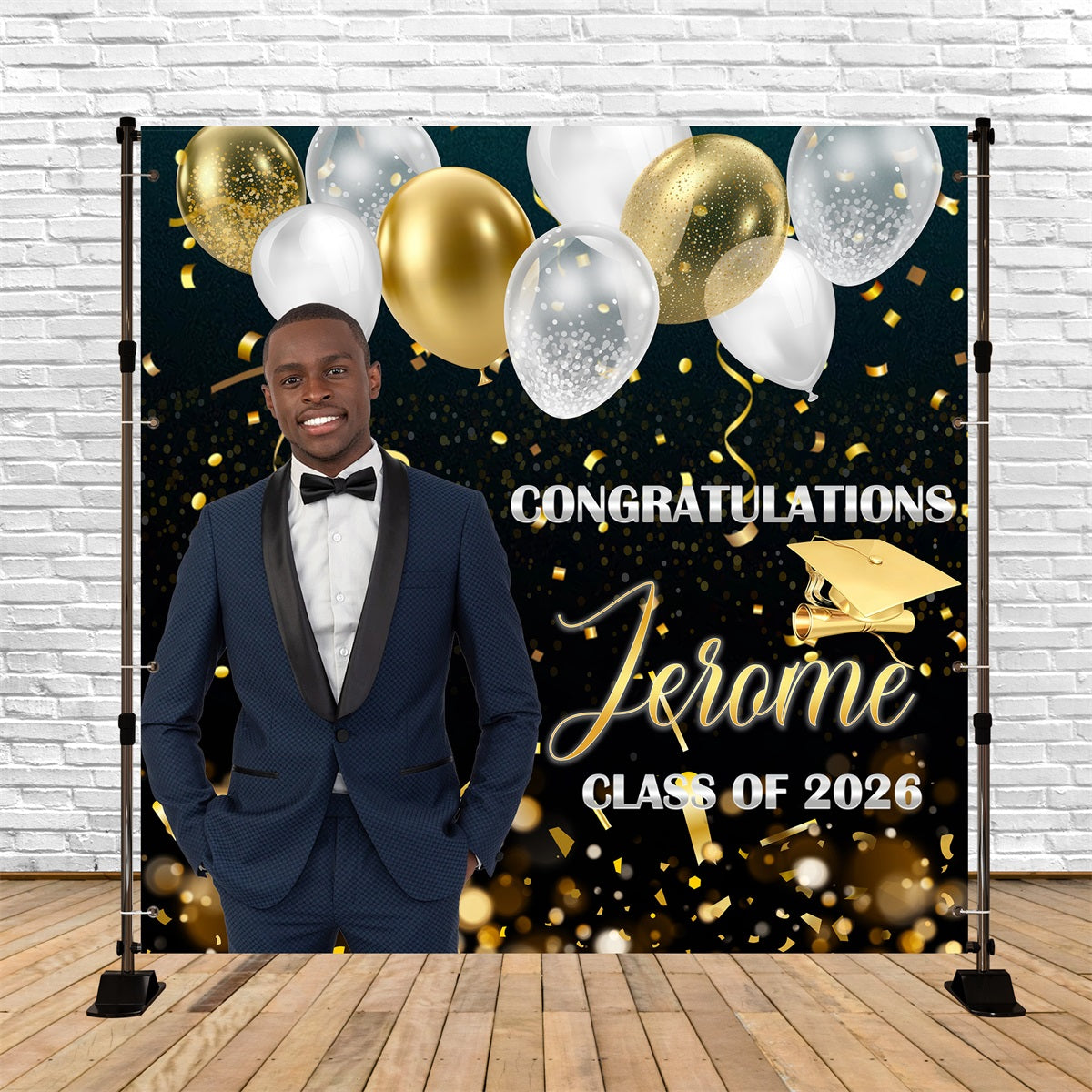 Graduation Party Backdrop Black Gold Balloons Confetti Personalized Graduation Backdrop RR63-26