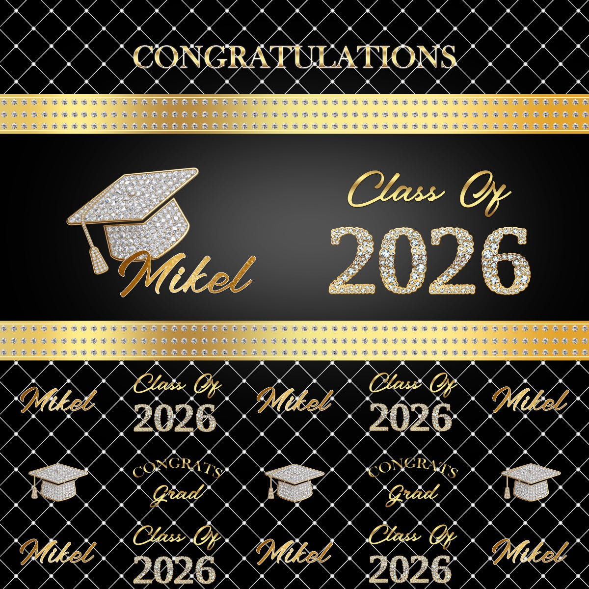 Custom Graduation Backdrop Black Gold Diamond Pattern Class Of 2026 Graduation Backdrop RR63-27