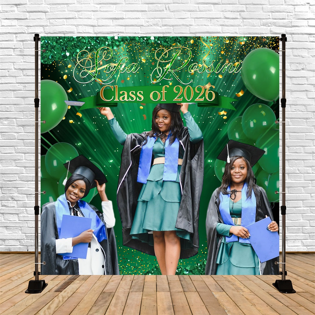 Custom Graduation Backdrops Green Glitter Balloons Confetti Graduation Party Backdrop Ideas RR63-30