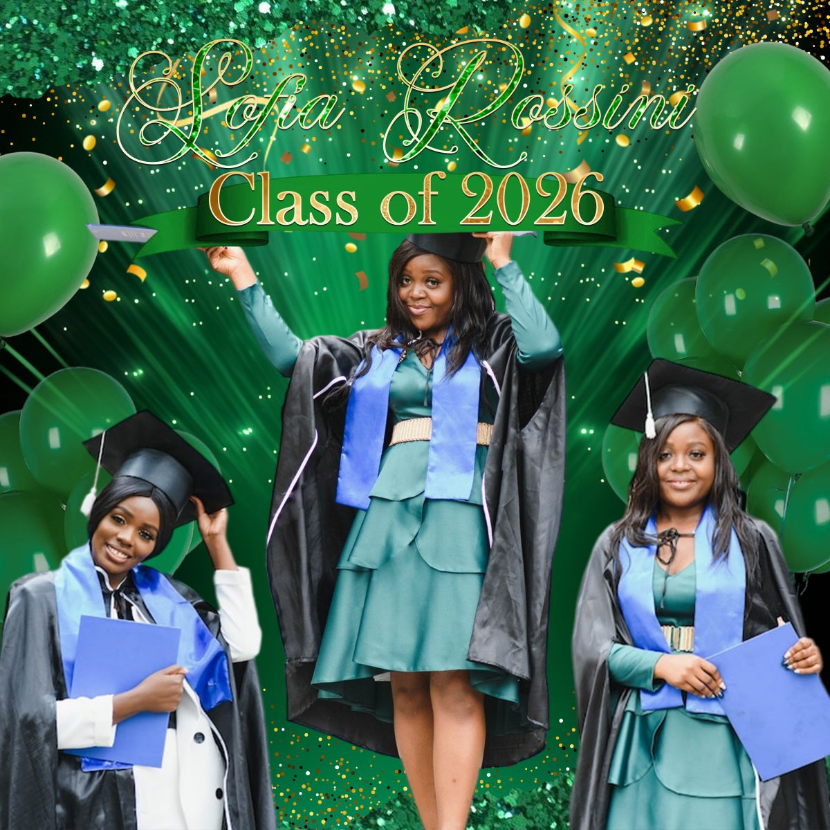 Custom Graduation Backdrops Green Glitter Balloons Confetti Graduation Party Backdrop Ideas RR63-30