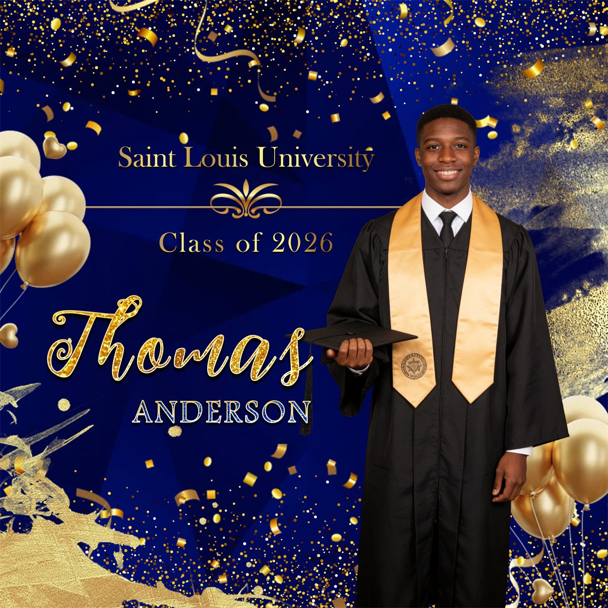 2026 Graduation Backdrop Royal Blue Gold Balloons Confetti Custom Graduation Party Backdrop RR63-31
