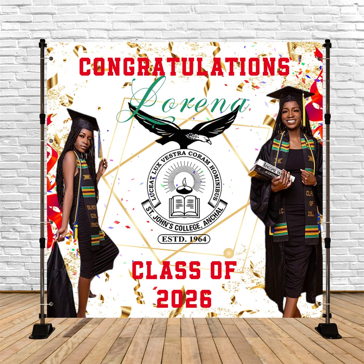 Gold Confetti Graduation Backdrop Academic Pride Colorful Stoles Personalized Graduation Backdrop RR63-34