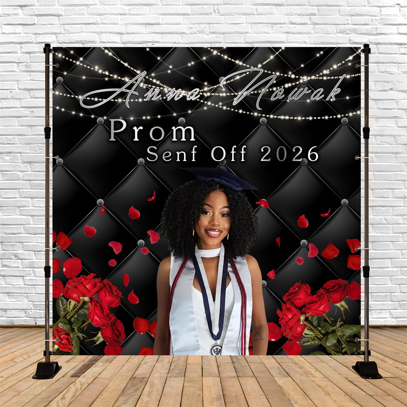 Black Prom Backdrop Elegant Rose Petals Lights Prom Send Off Backdrops
