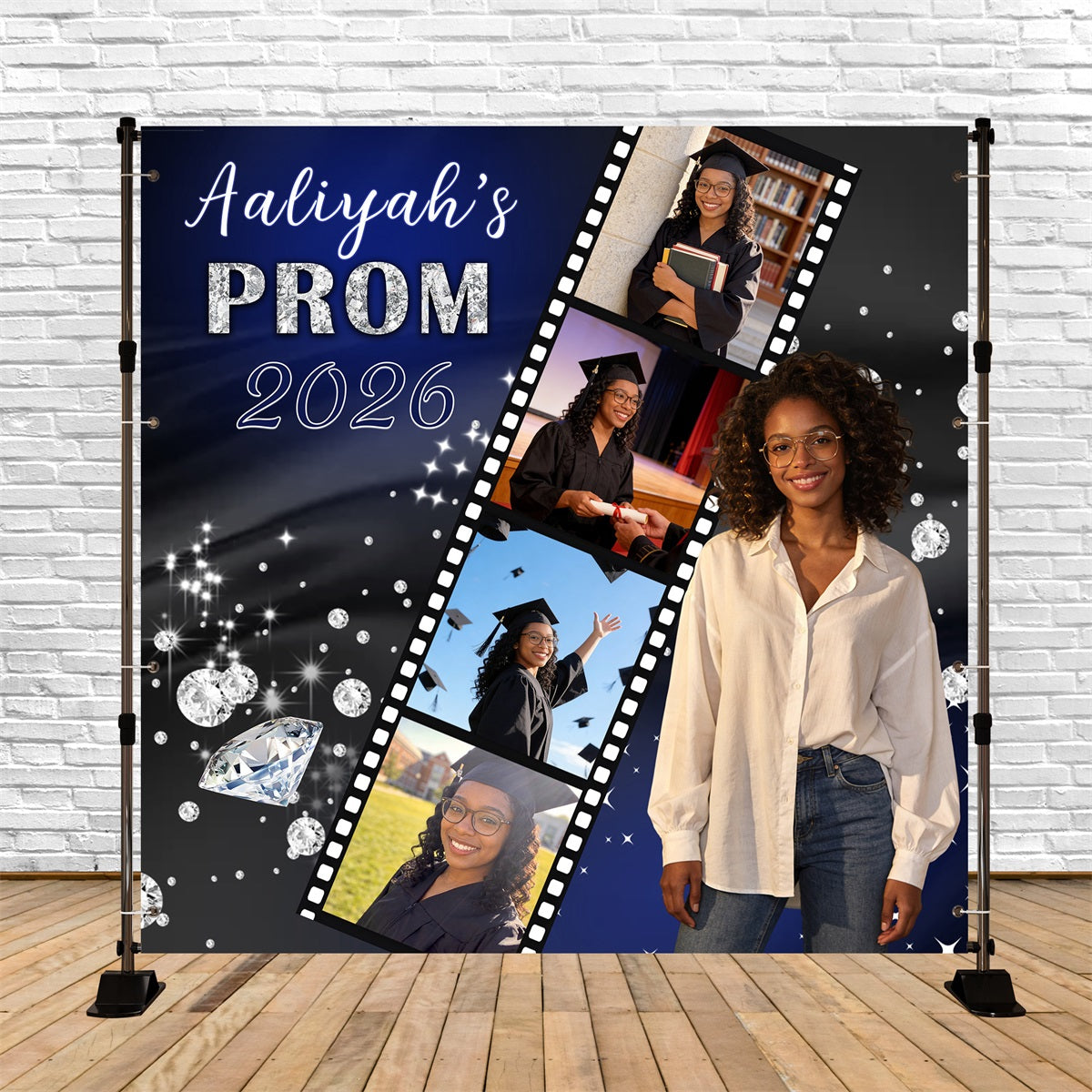 Prom Party Backdrop Navy Filmstrip Collage Customized Graduation Backdrop RR63-4
