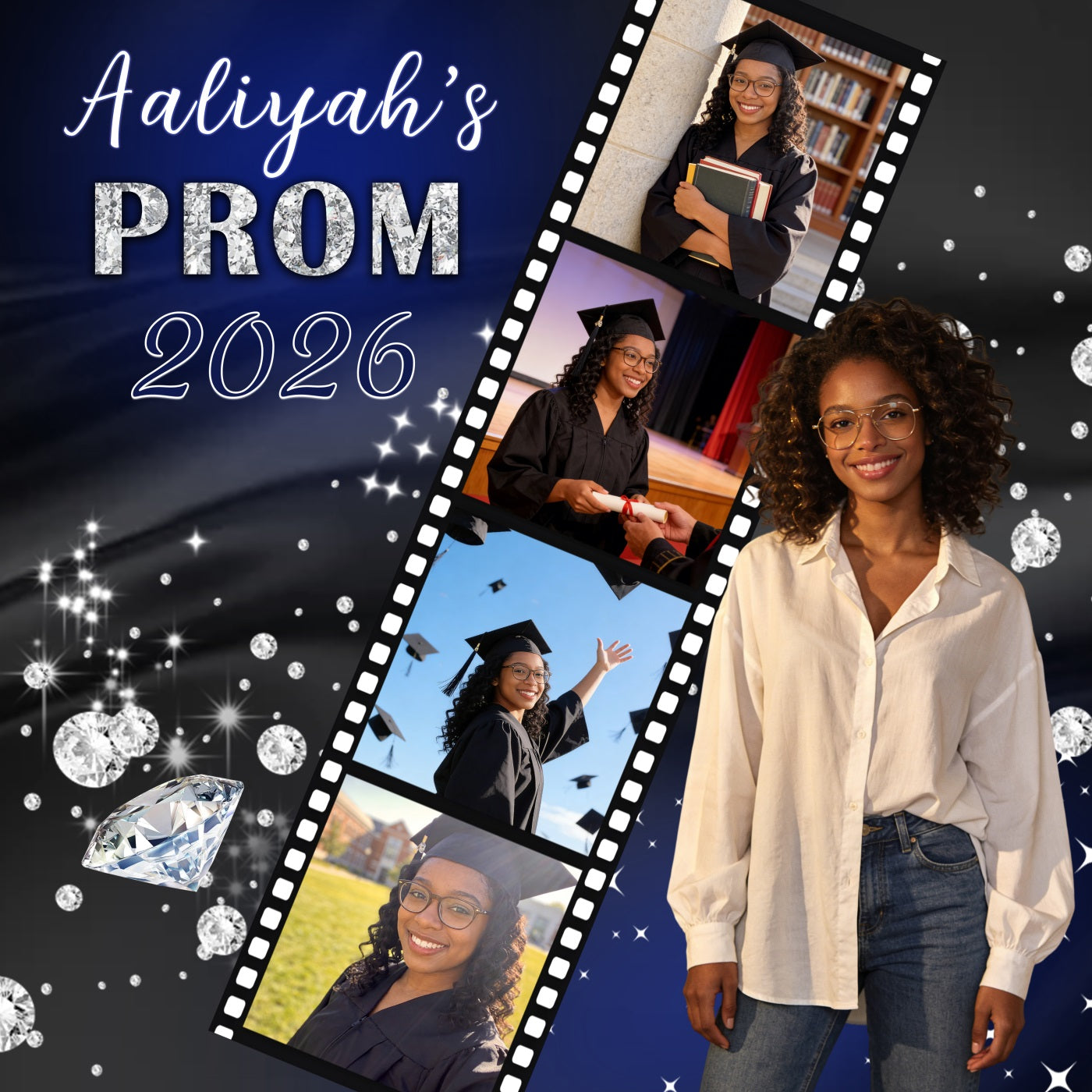 Prom Party Backdrop Navy Filmstrip Collage Customized Graduation Backdrop RR63-4