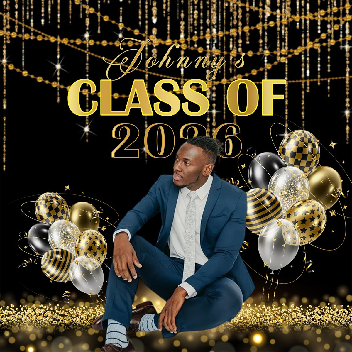 Balloons Graduation Backdrop Elegant Gold Black Balloons Graduation Backdrop Banner RR63-46