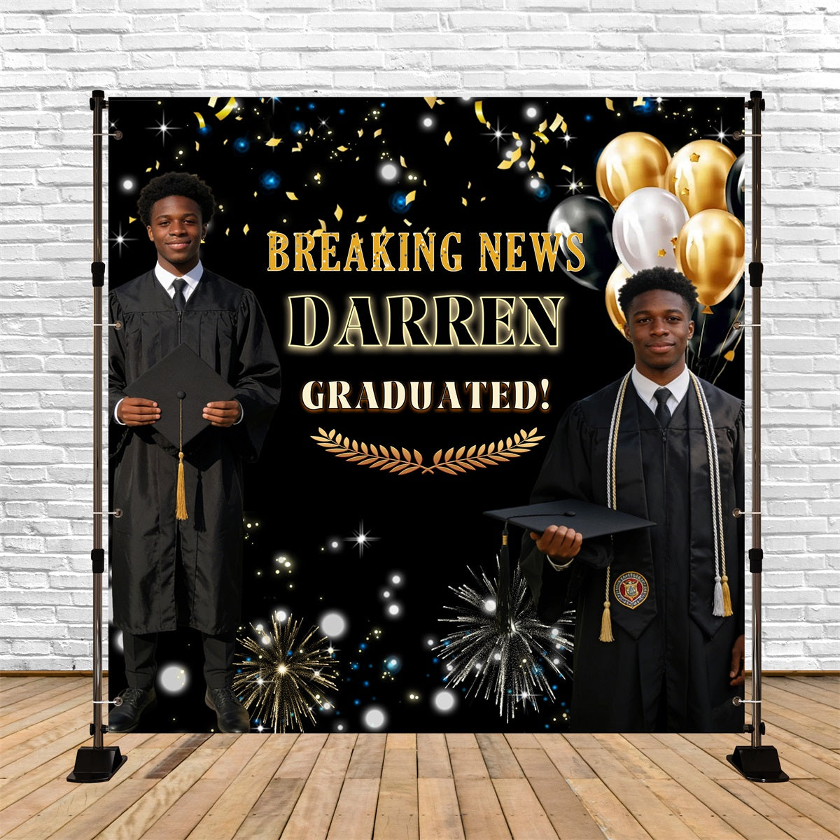 Custom Graduation Backdrop Black Gold Firework Balloon Graduation Party Backdrop RR63-7
