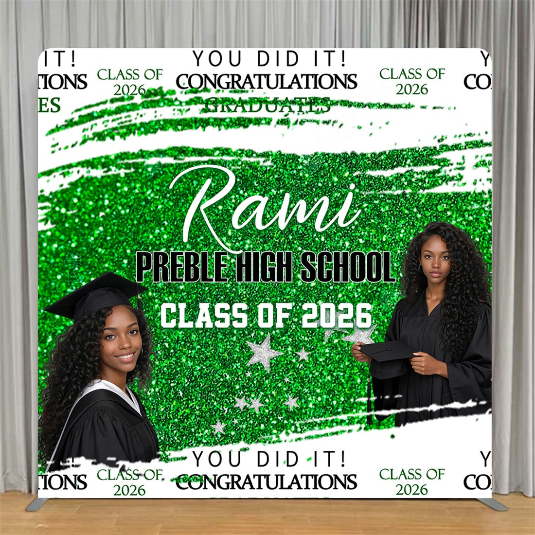 High School Graduation Backdrop Green Glitter Brush Stroke Star 8x8 Tension Fabric Backdrop RR63-84