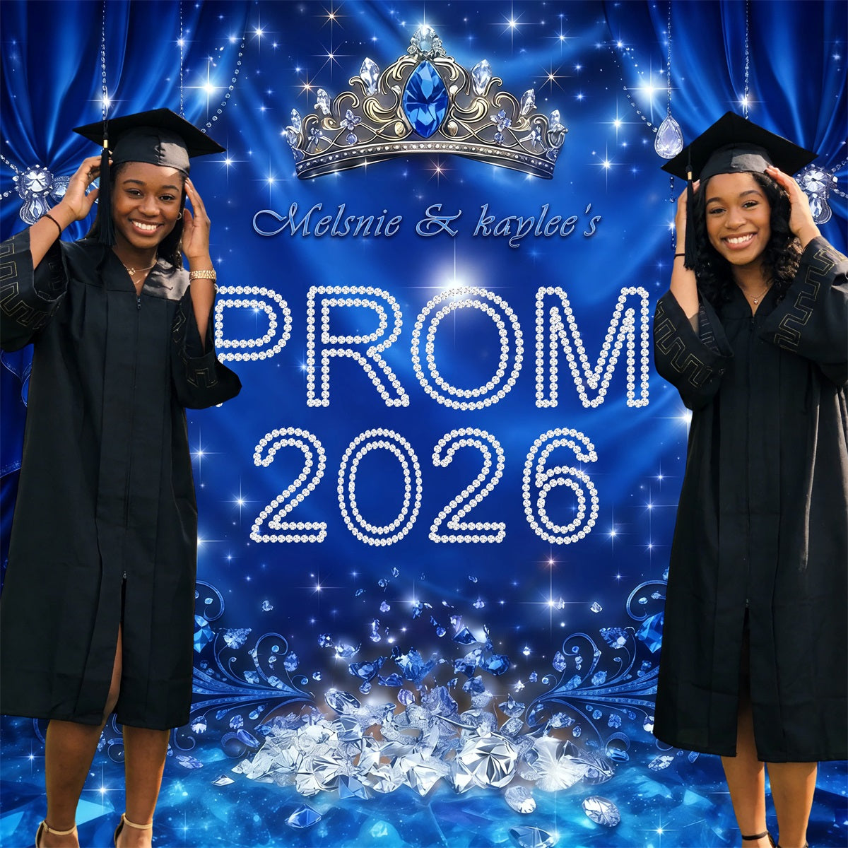 Personalized Prom Backdrop Royal Blue Crown Diamond Backdrop For Graduation Party RR63-9