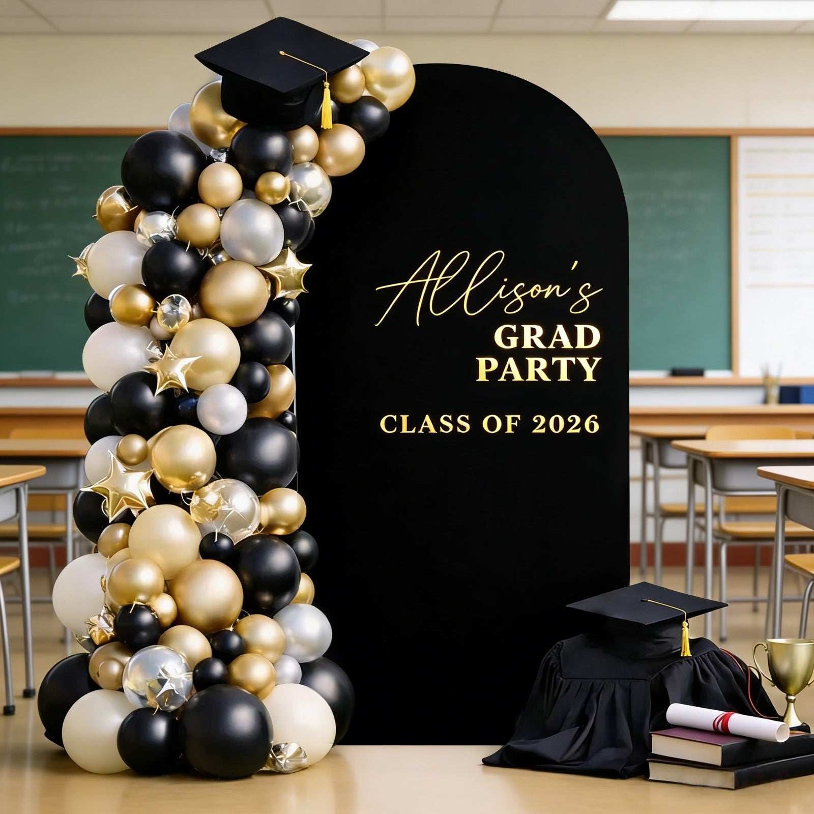 Large Graduation Arch Backdrop Black Arch Gold Accent Extra Large Graduation Arch Backdrop RR64-1