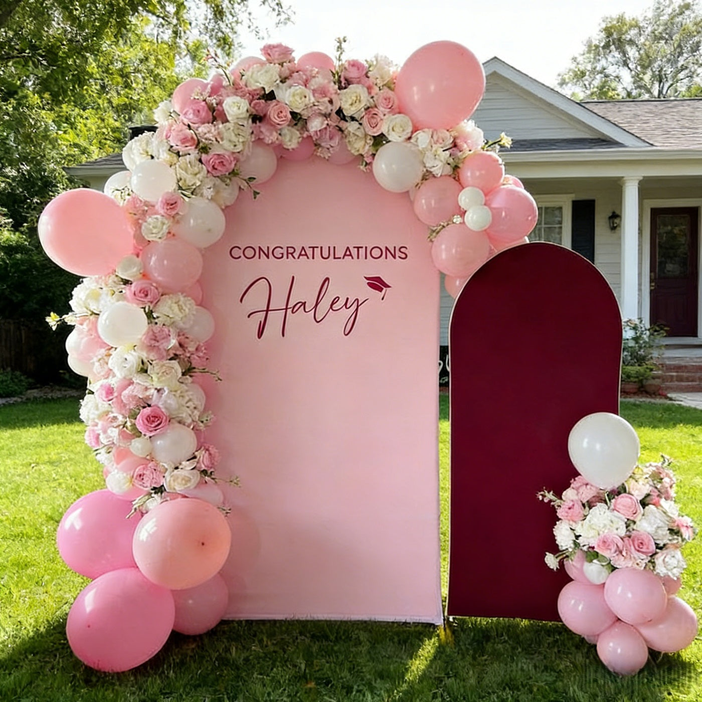 Graduation Arch Backdrop Set Burgundy Pink Haley Dual Arch Graduation Arch Backdrop With Stand RR64-12