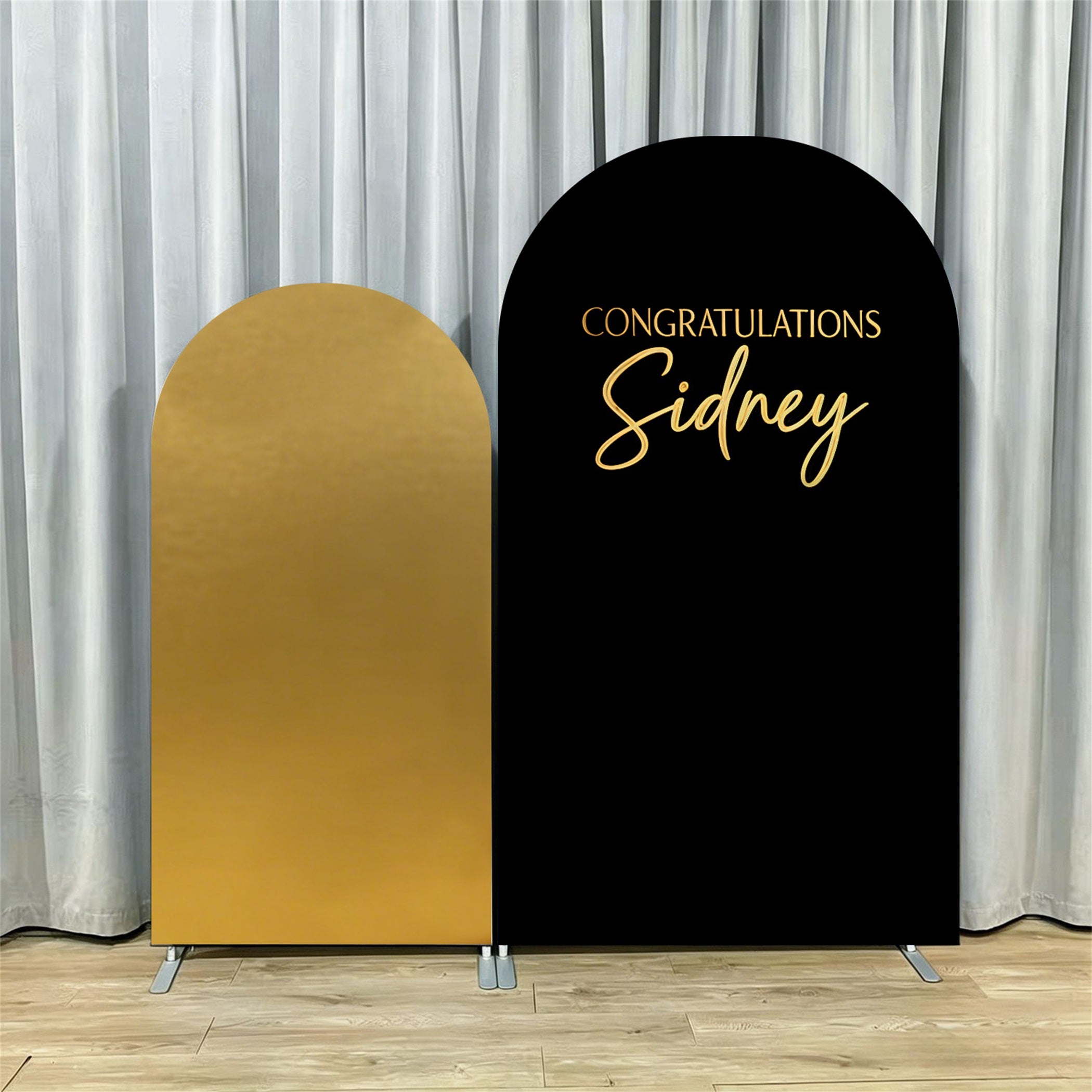 Personalized Graduation Backdrop Black Gold Sidney Dual Arch Custom Graduation Backdrop RR64-16