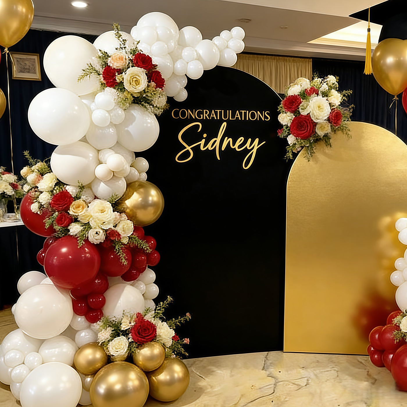 Personalized Graduation Backdrop Black Gold Sidney Dual Arch Custom Graduation Backdrop RR64-16