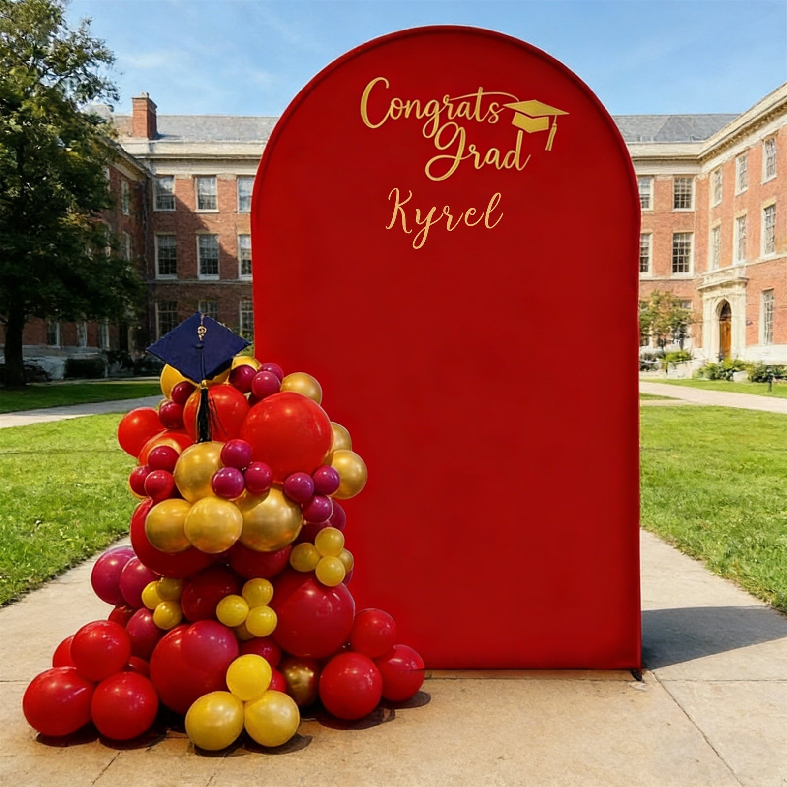 Graduation Backdrop With Name Red Arch Gold Custom Script Personalized Graduation Backdrop RR64-17